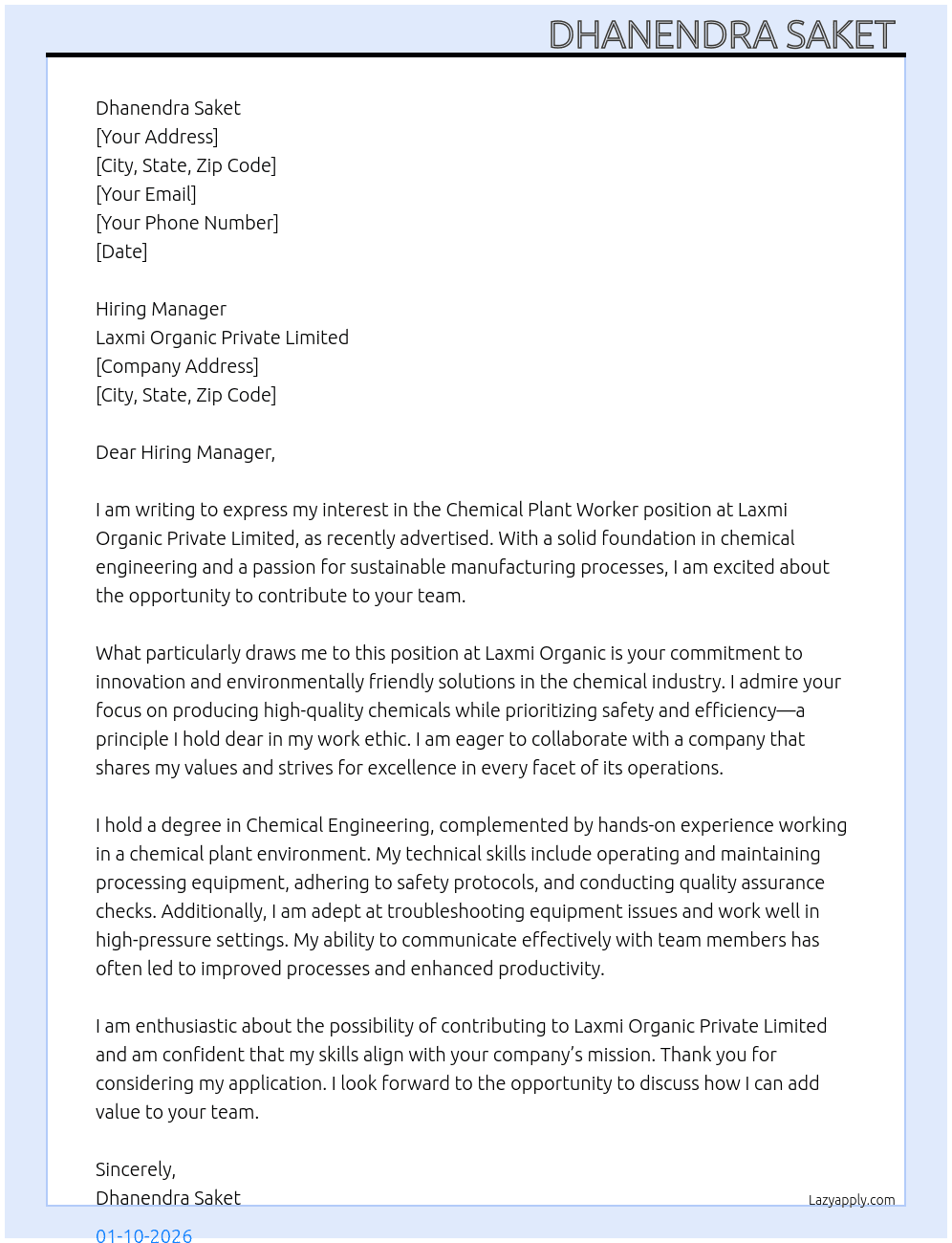 Chemical plant work At Laxmi organic private limited Cover Letter