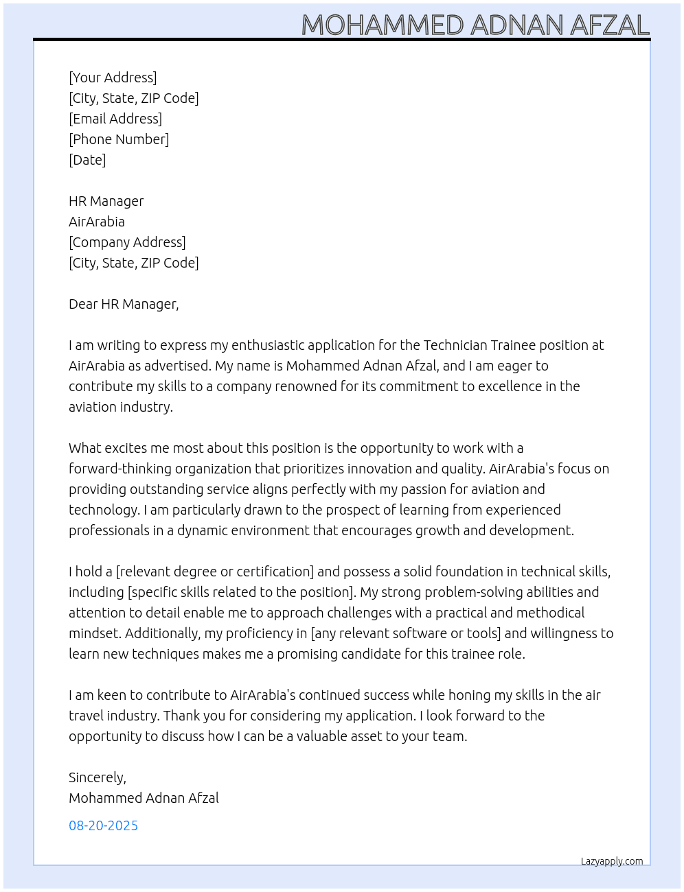 Technician trainee At AirArabia Cover Letter