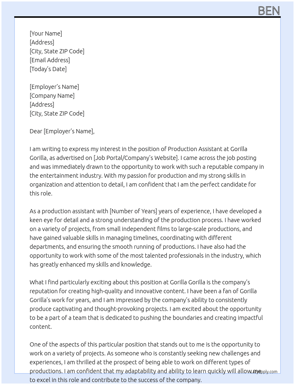 Production Assistant At Gorilla Gorilla Cover Letter