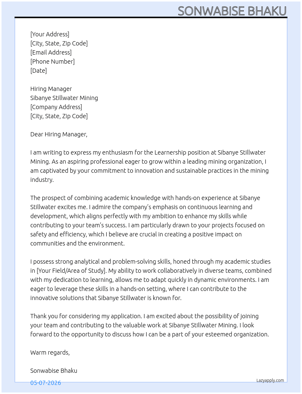 Leanership At Sibanye sillwater Mining Cover Letter