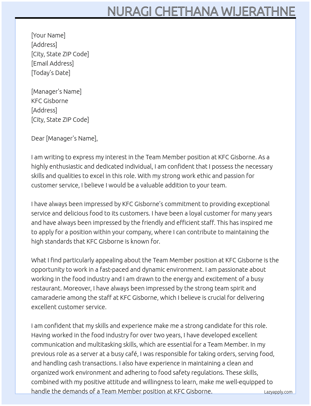 Team Member - KFC Gisborne At KFC Gisborne Cover Letter