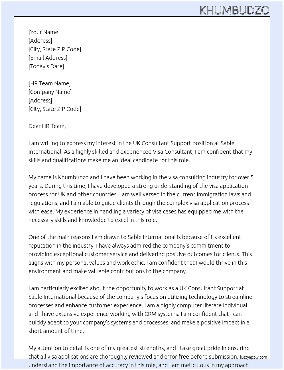 UK Consultant Support At Sable International Cover Letter