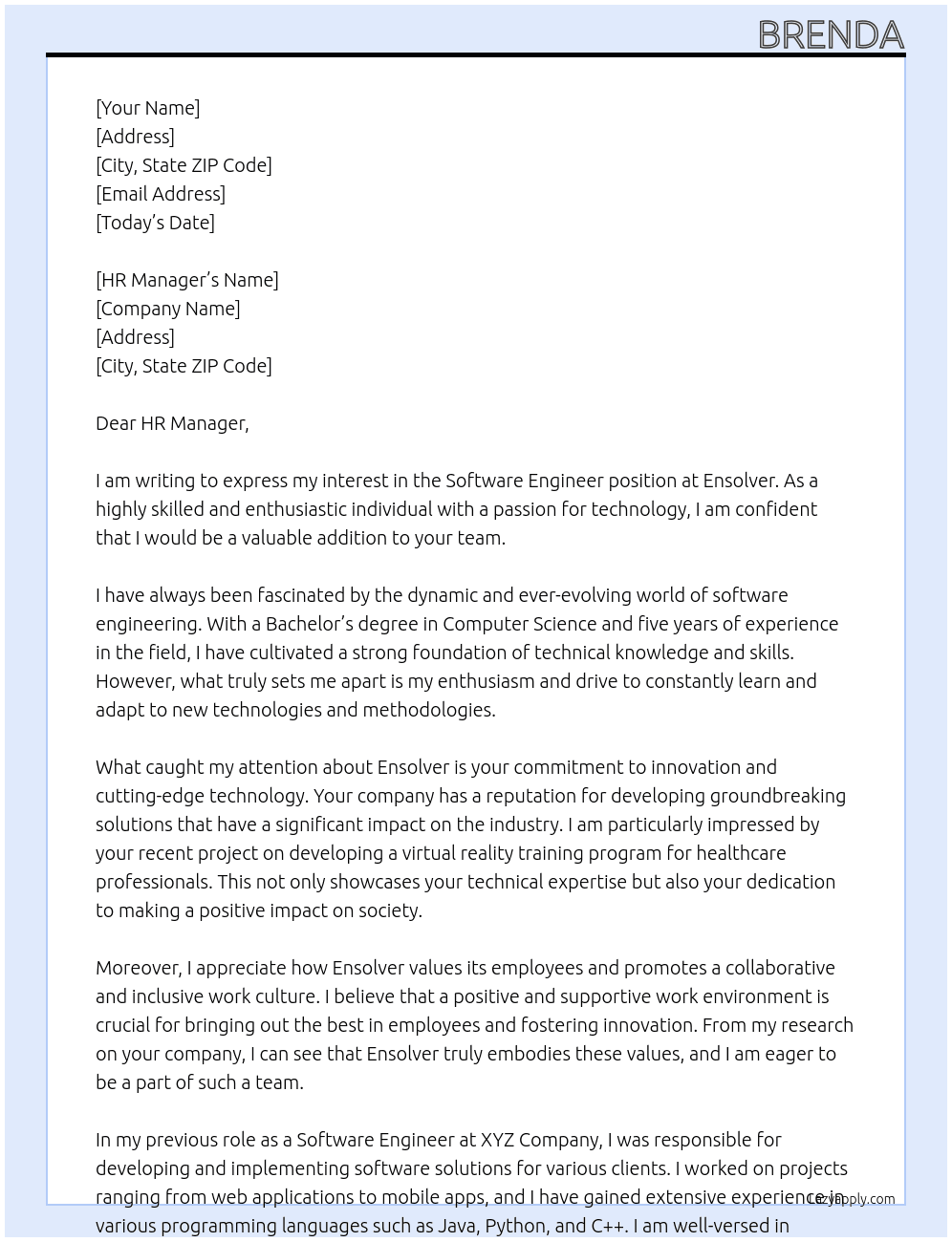 Software Engenier At Ensolver Cover Letter