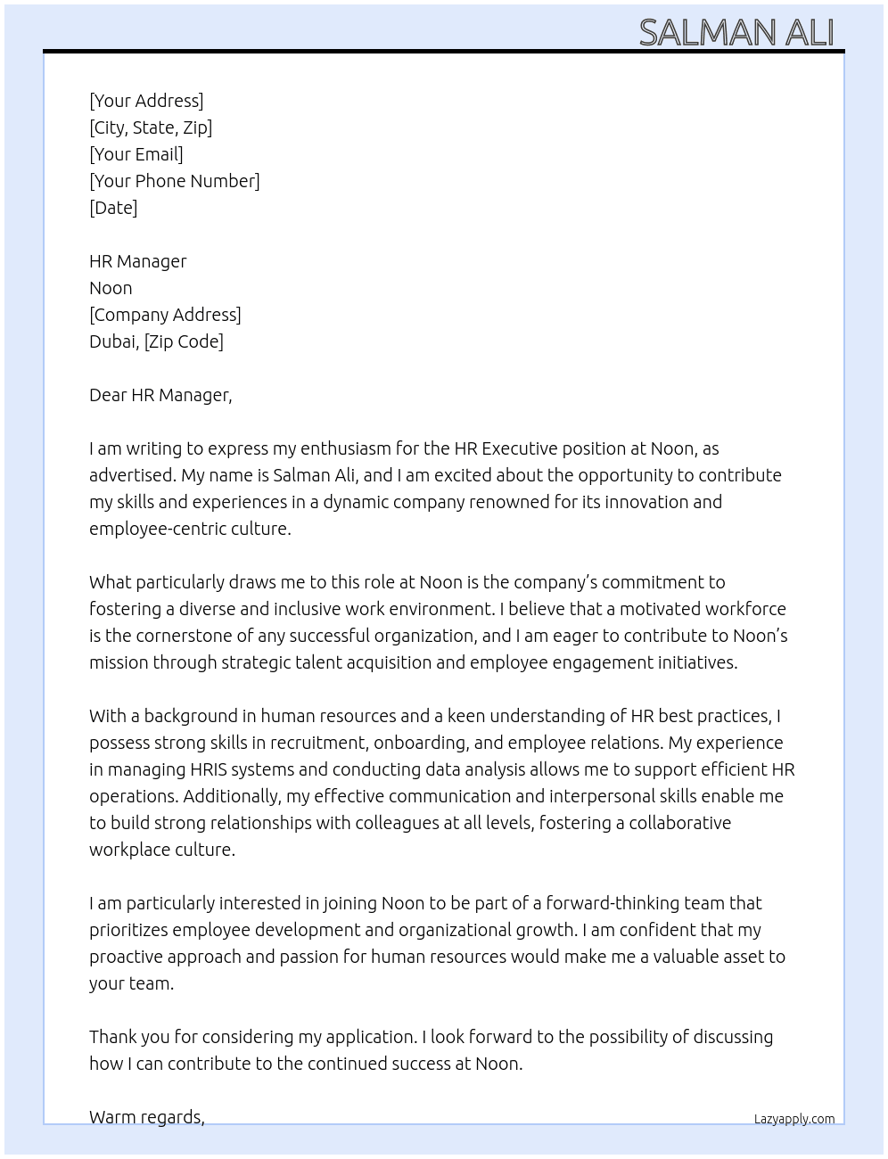 HR EXECUTIVE  At Noon Cover Letter