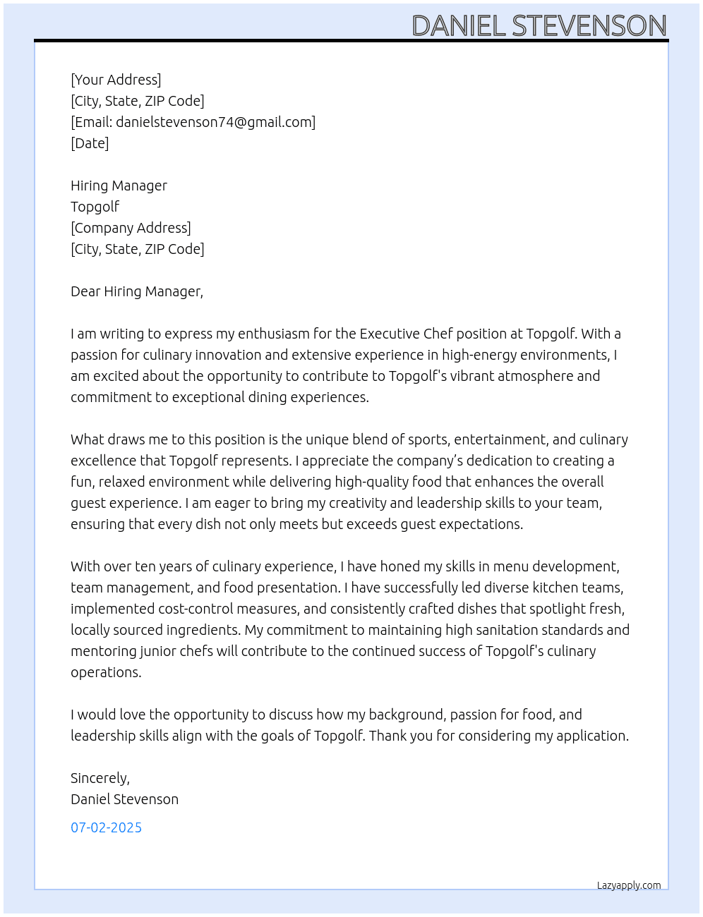 Executive chef At Top golf  Cover Letter