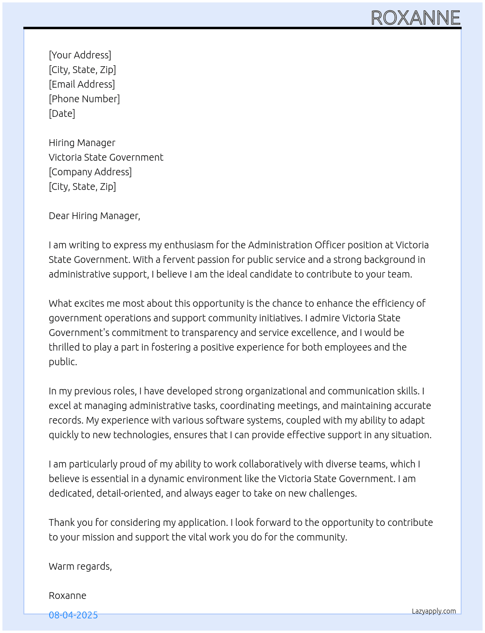 Administration Officer    At Victoria State Government Cover Letter