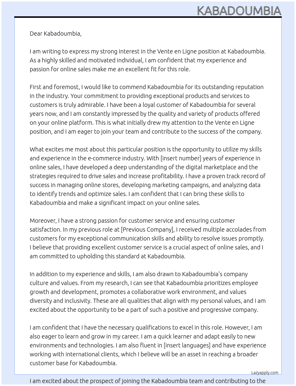 vente en ligne At kabadoumbia Cover Letter
