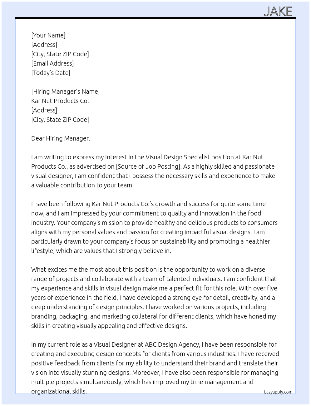 Visual Design Specialist At Kar Nut Products Co. Cover Letter