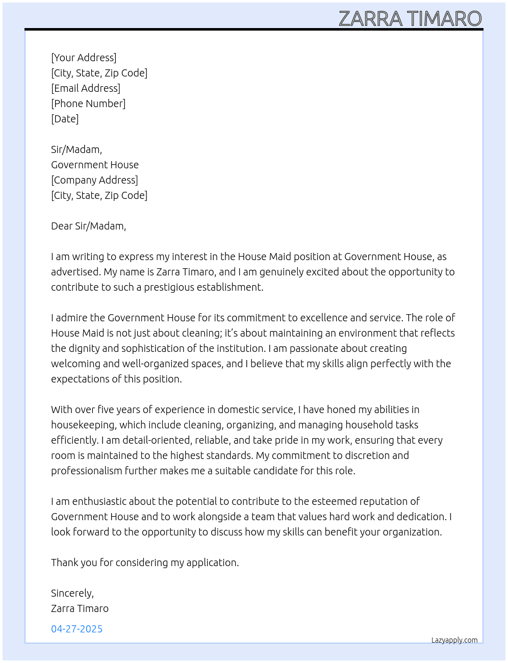 Cover letter for house maid - LazyApply