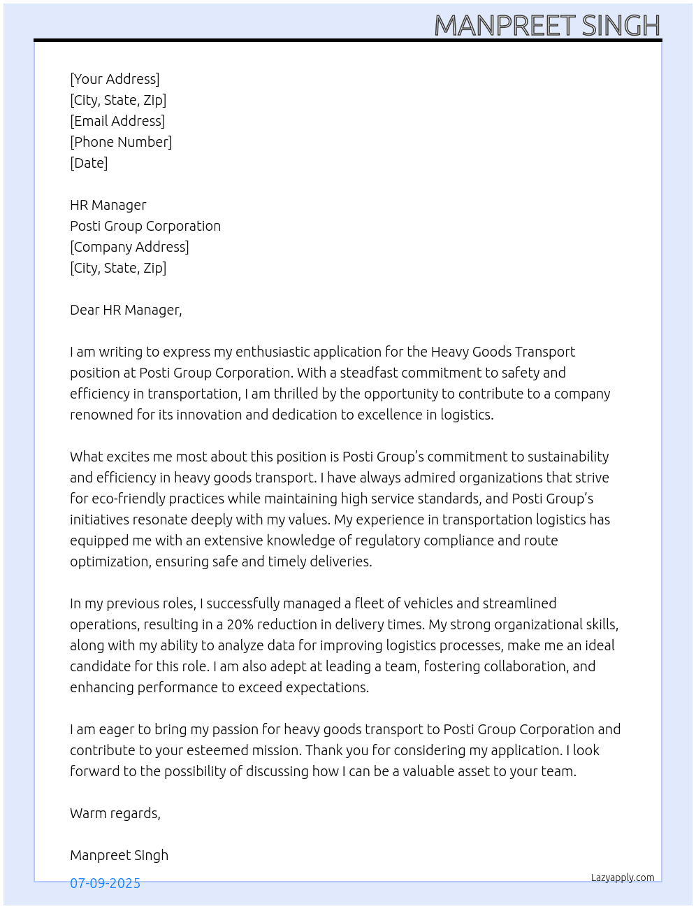 Cover letter for heavy goods transport - LazyApply