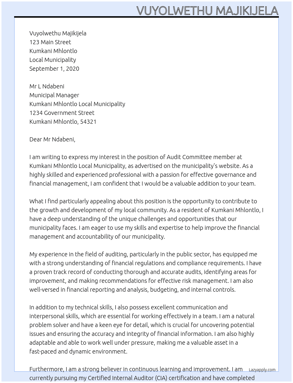 Audit Committee member At Kumkani Mhlontlo  Local Municipality Cover Letter