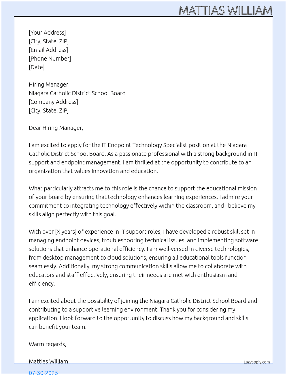 Cover letter for it endpoint technology specialist - LazyApply