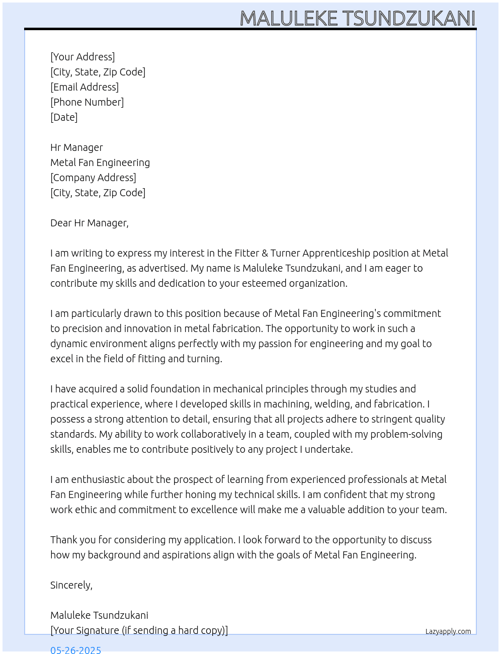Fitter & Turner Apprenticeship At Metal Fan Engineering Cover Letter