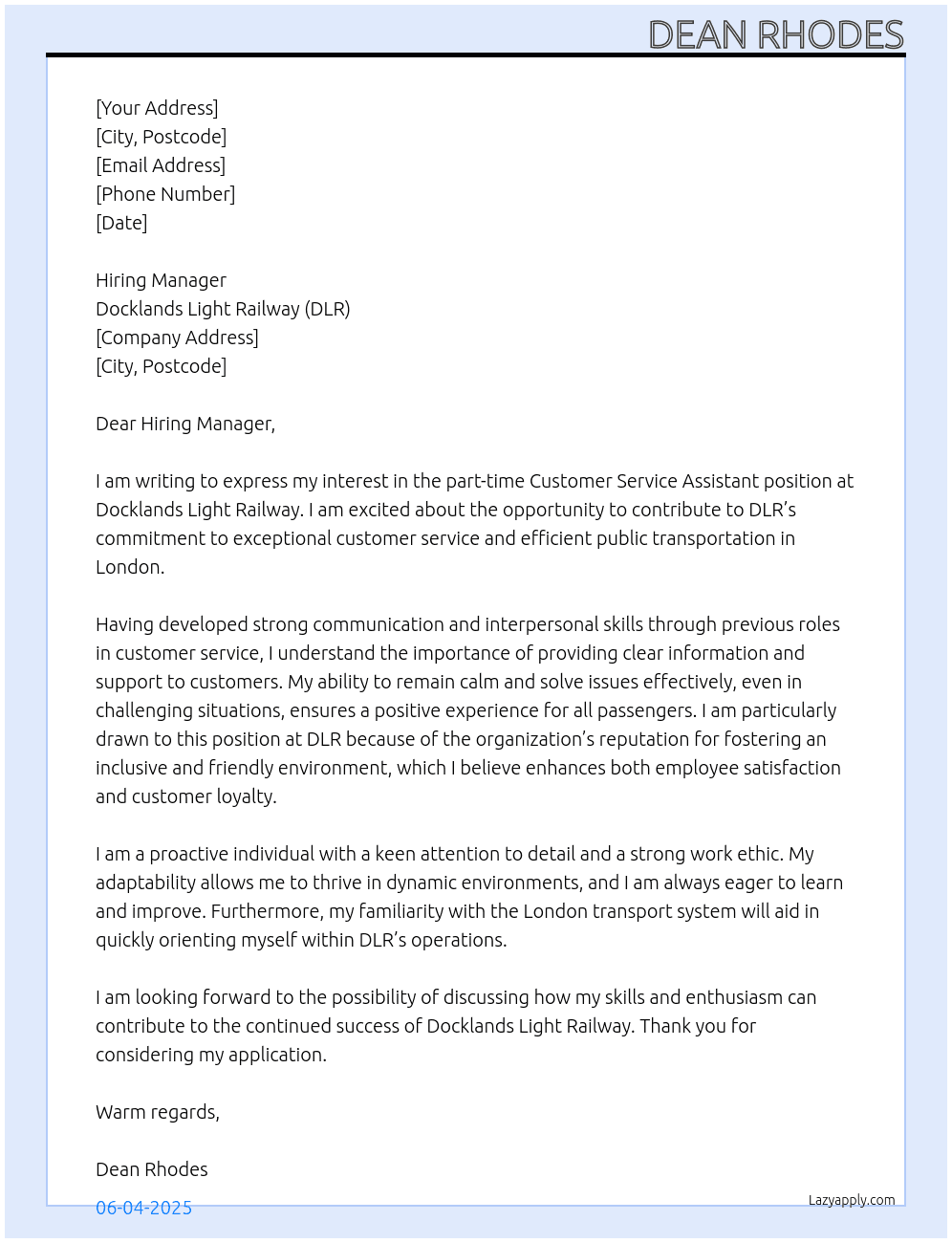 Customer service assistant At Docklands Light Railway (DLR) Cover Letter