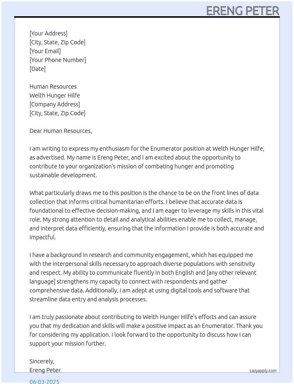 ENUMERATORS At WELTH HUNGER  HILFE Cover Letter