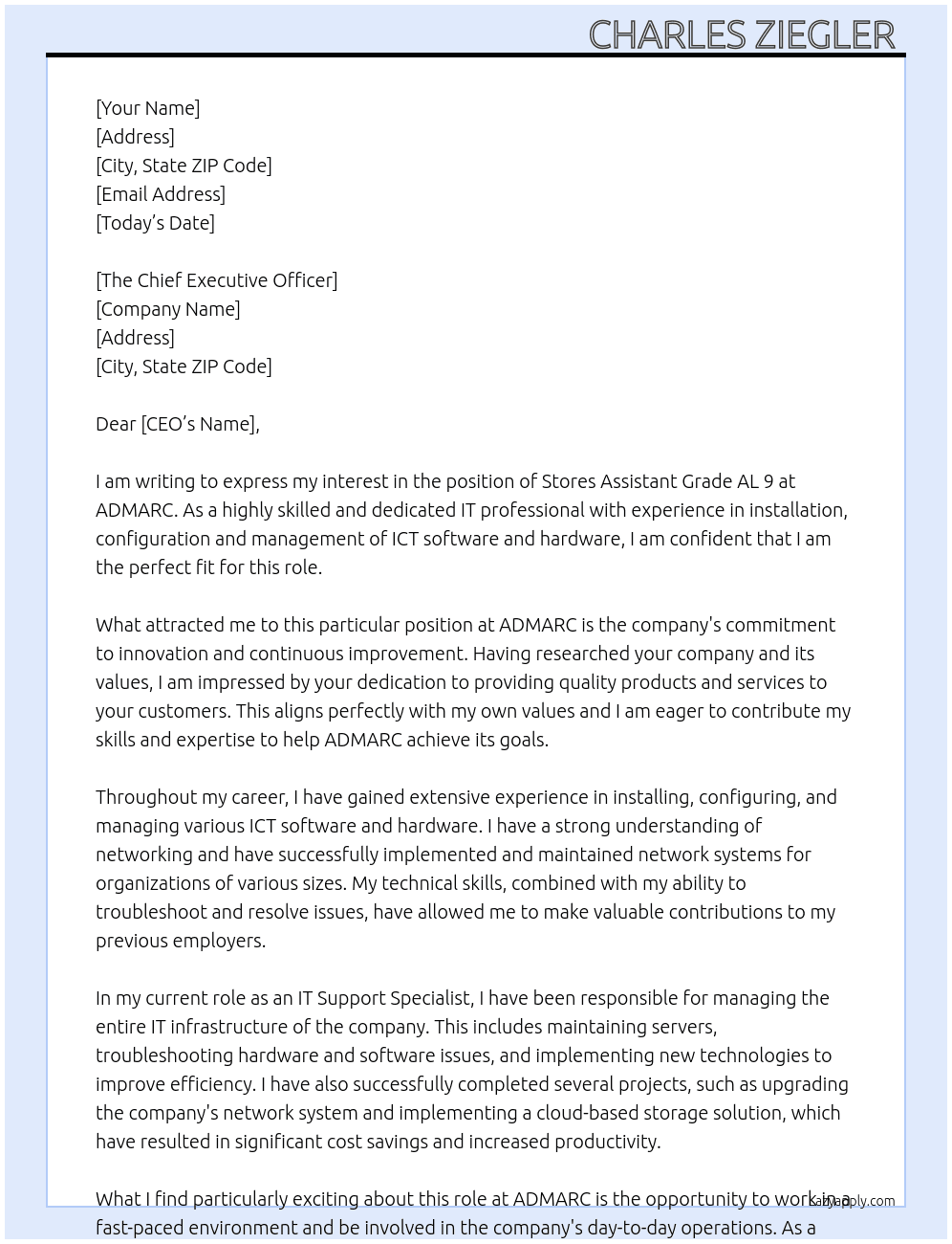 Stores Assistant Grade AL 9 At ADMARC Cover Letter