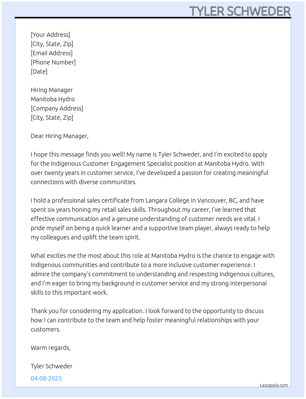 Cover letter for indigenous customer engagement specialst - LazyApply