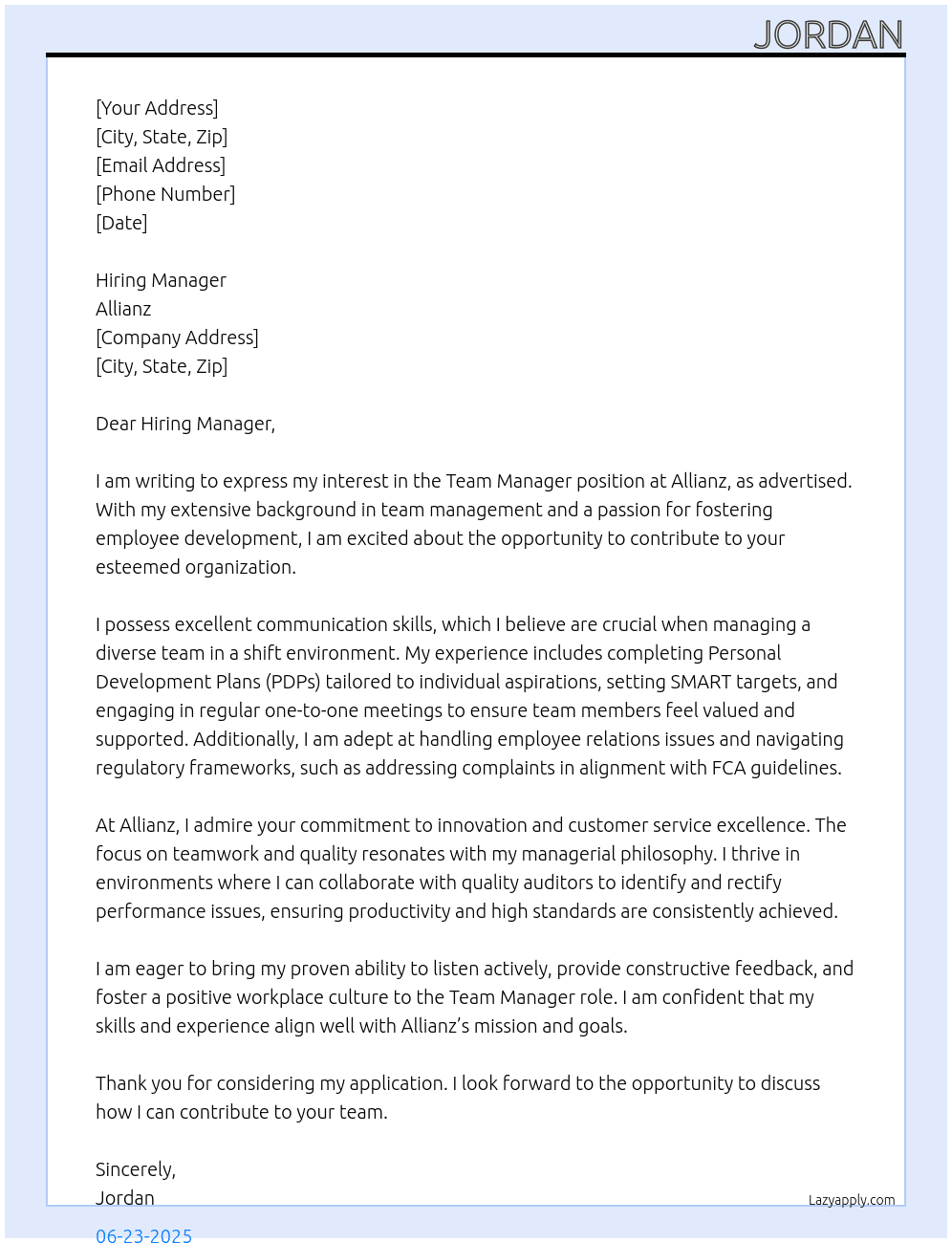 Team Manager At Allianz Cover Letter