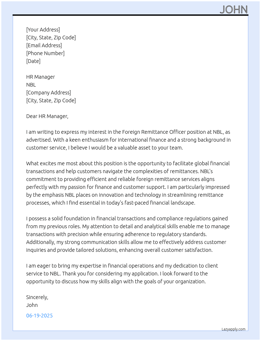 Foreign Remittance Officer At NBL Cover Letter