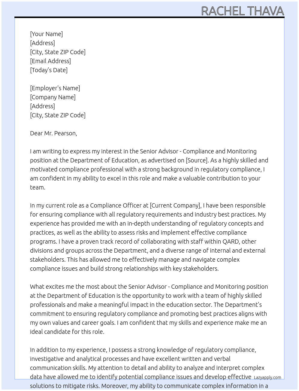 Senior Advisor - Compliance and Monitoring At Department of Education Cover Letter