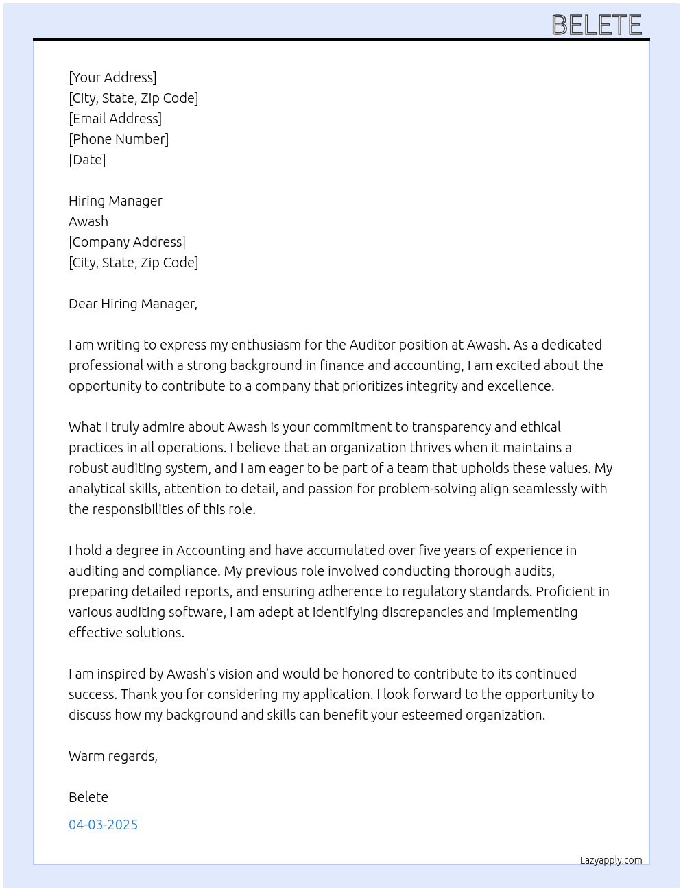 Auditor At Awash  Cover Letter