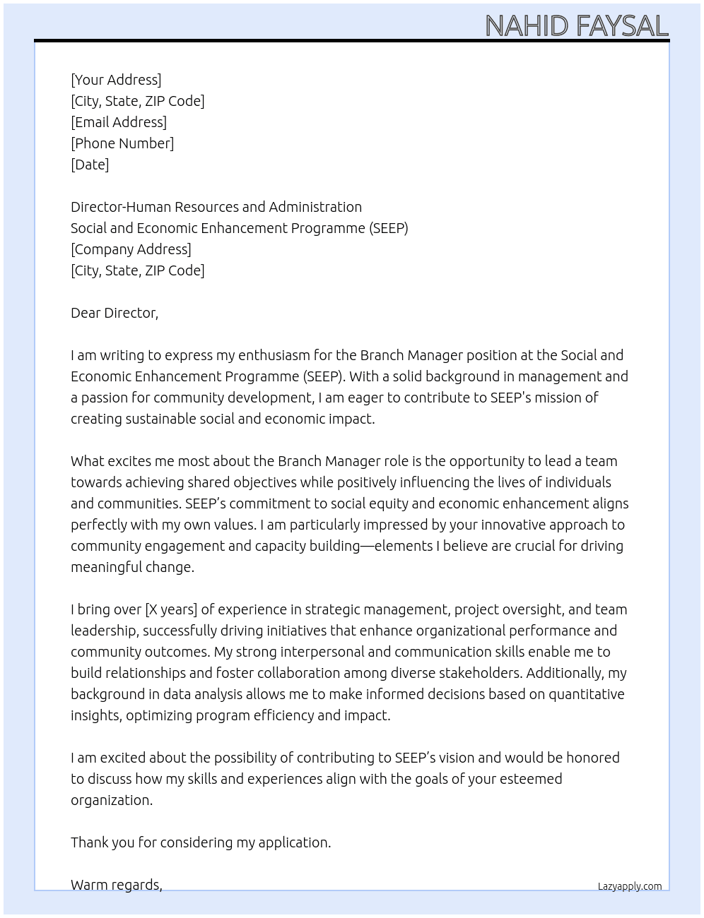 Branch Manager At Social and Economic Enhancement Programme-SEEP  Cover Letter