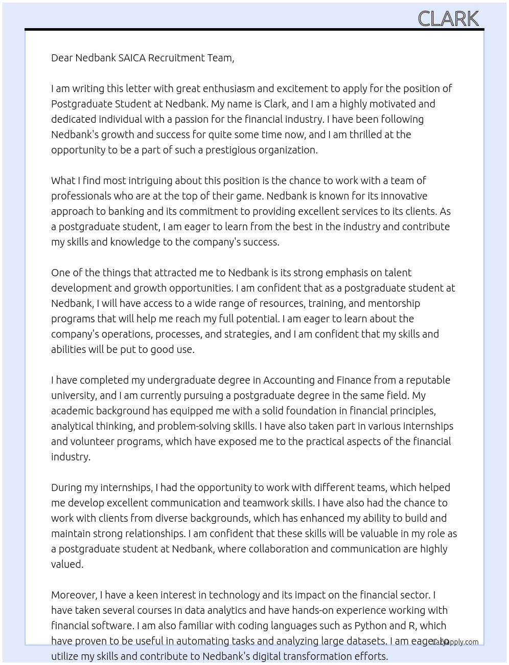 Cover letter for postgraduate student - LazyApply