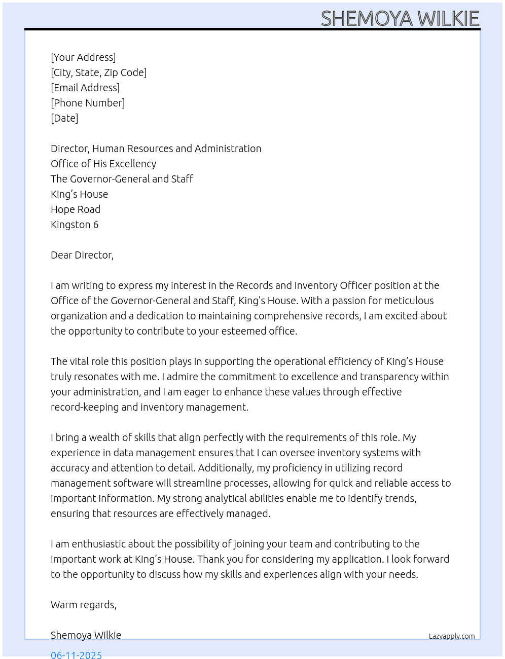 Cover letter for records and inventory officer - LazyApply