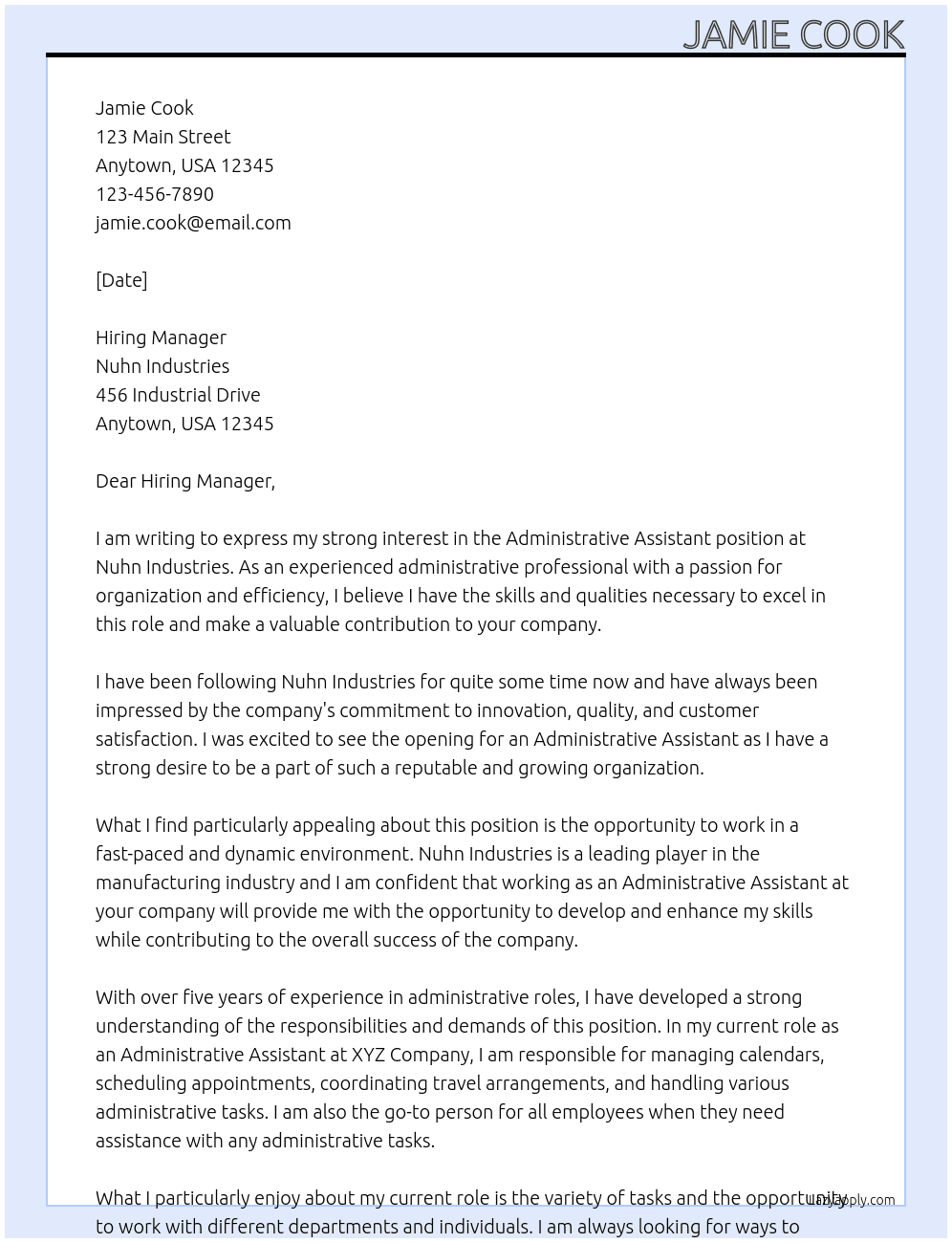 Administrative Assistant At Nuhn Industries Cover Letter