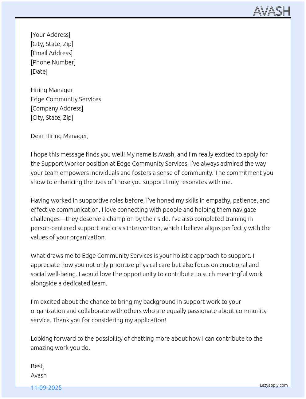 Support worker At Edge Community services Cover Letter