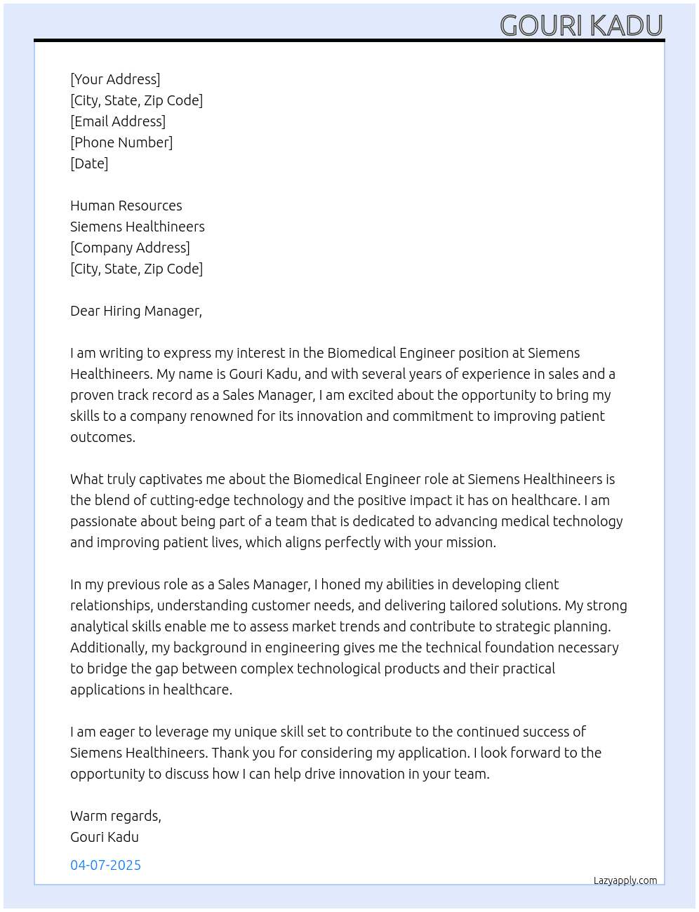 biomedical engineer  At Siemens Healthineers  Cover Letter