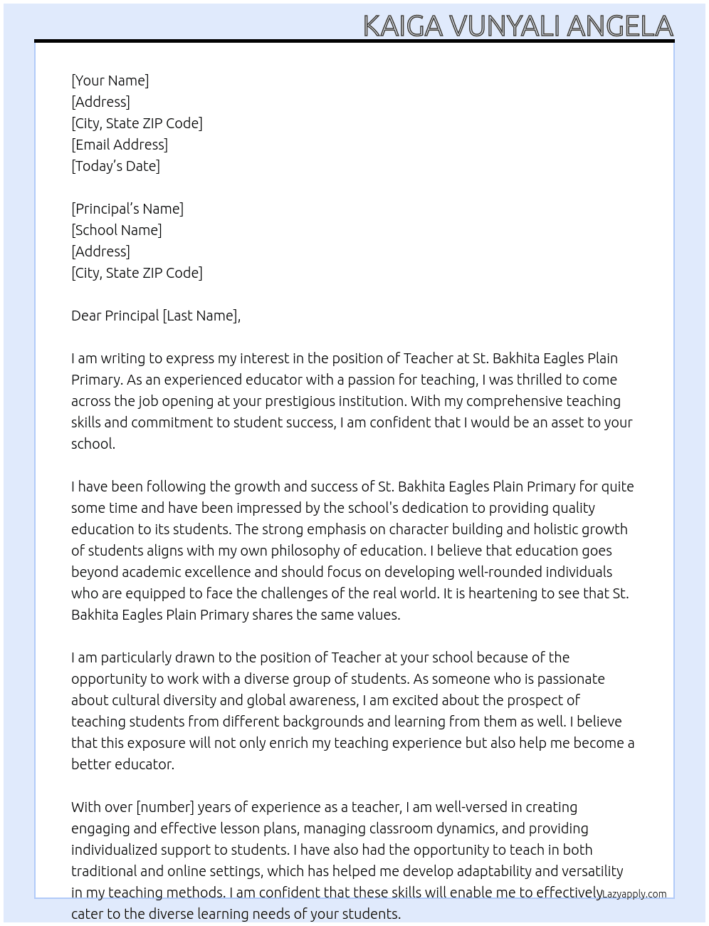 Teacher At St. Bakhita Eagles Plain Primary Cover Letter
