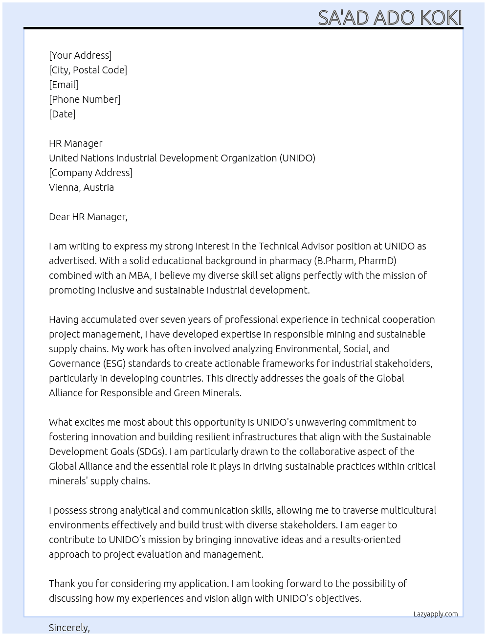 Technical Advisor At United Nations Industrial Development Organization (UNIDO) Cover Letter