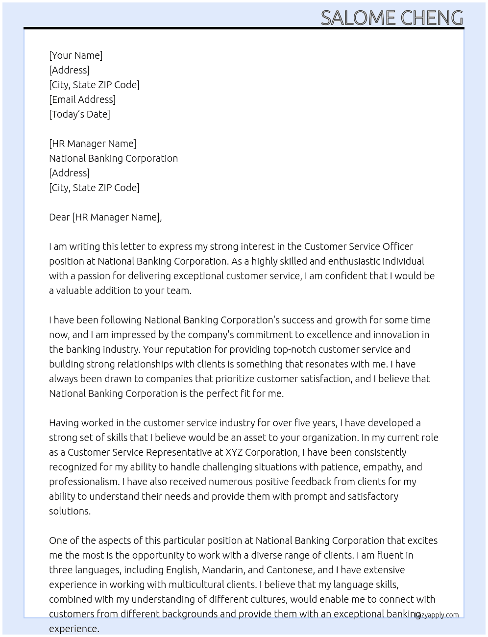 Customer Service Officer At National Banking Corporation  Cover Letter