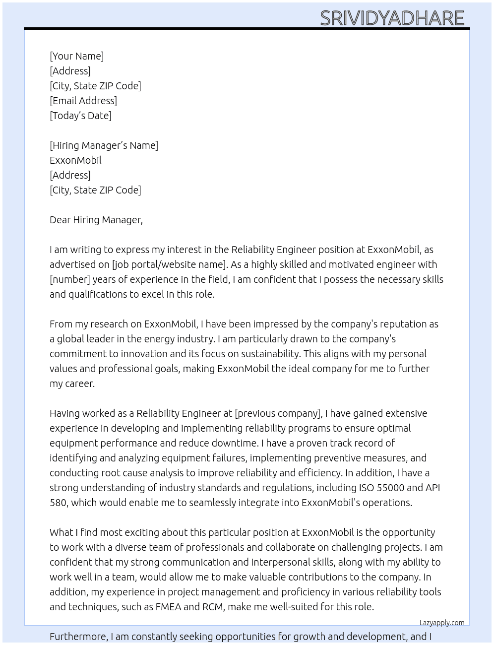 Reliability Engineer  At ExxonMobil Cover Letter