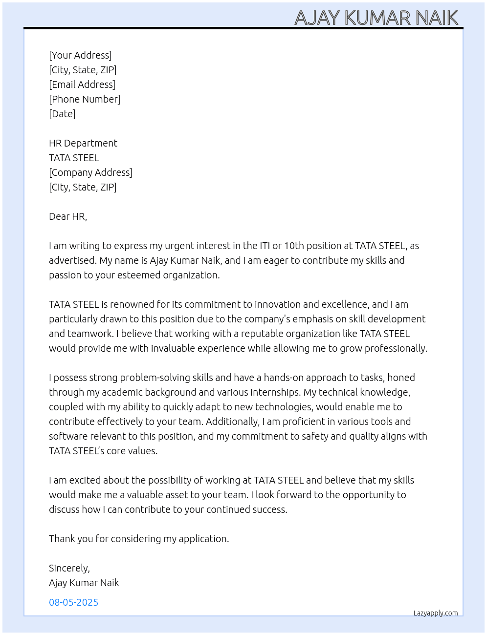 Cover letter for iti or 10th - LazyApply