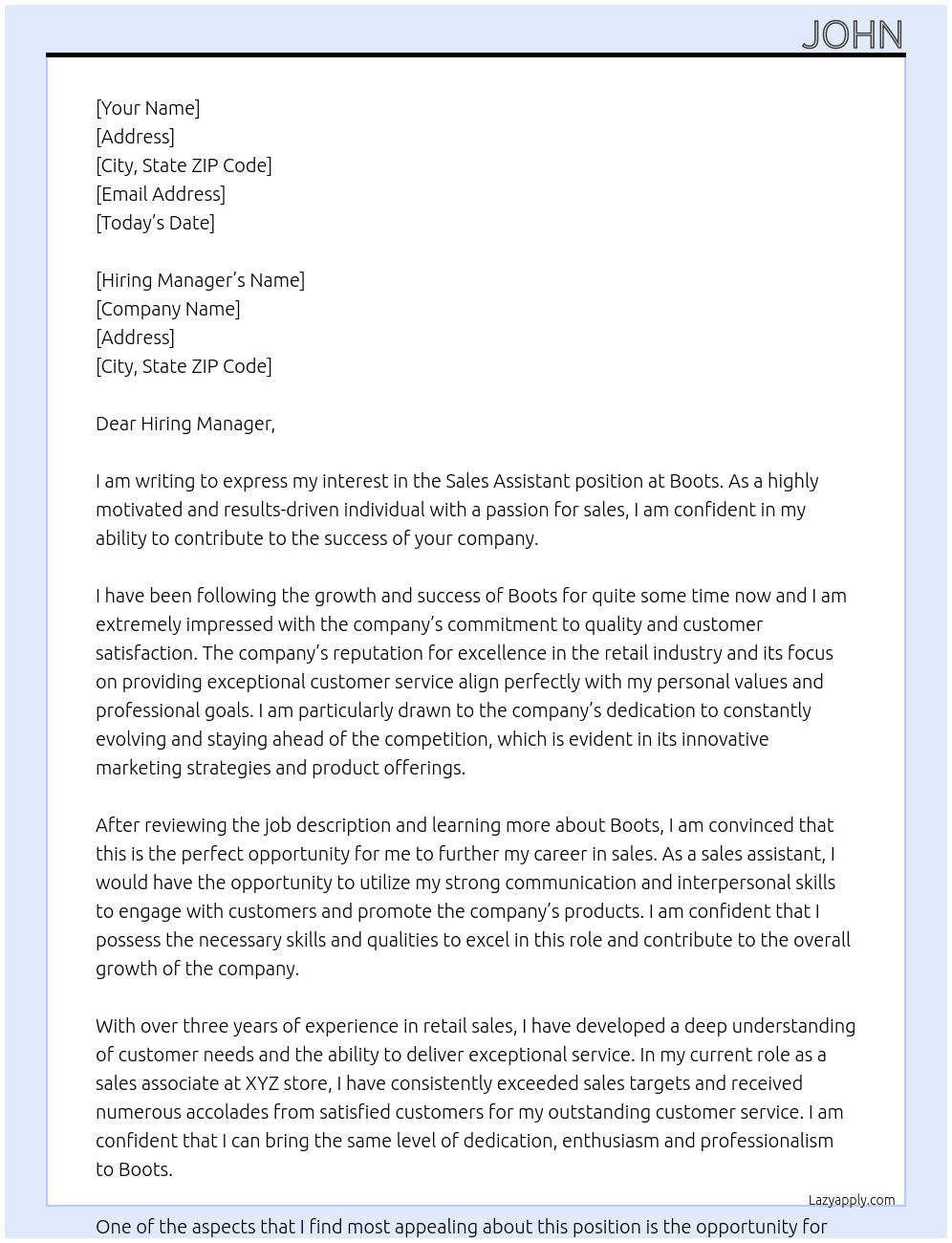 sales assistant At boots Cover Letter