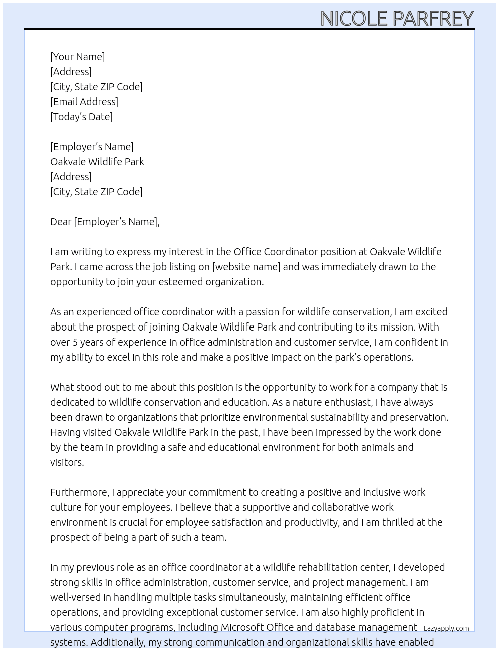 Office Coordinator At Oakvale Wildlife Park Cover Letter