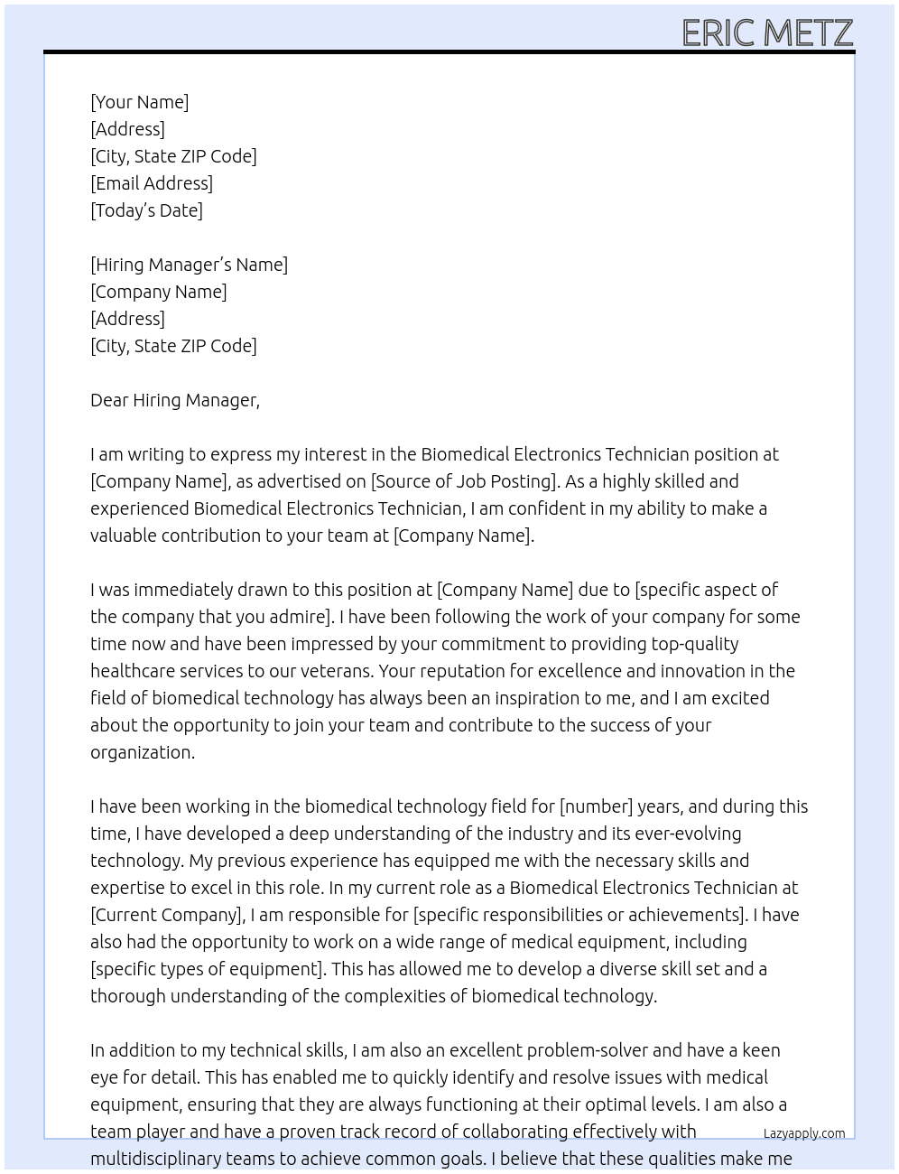 Biomedical Electronics Technician At VA Cover Letter