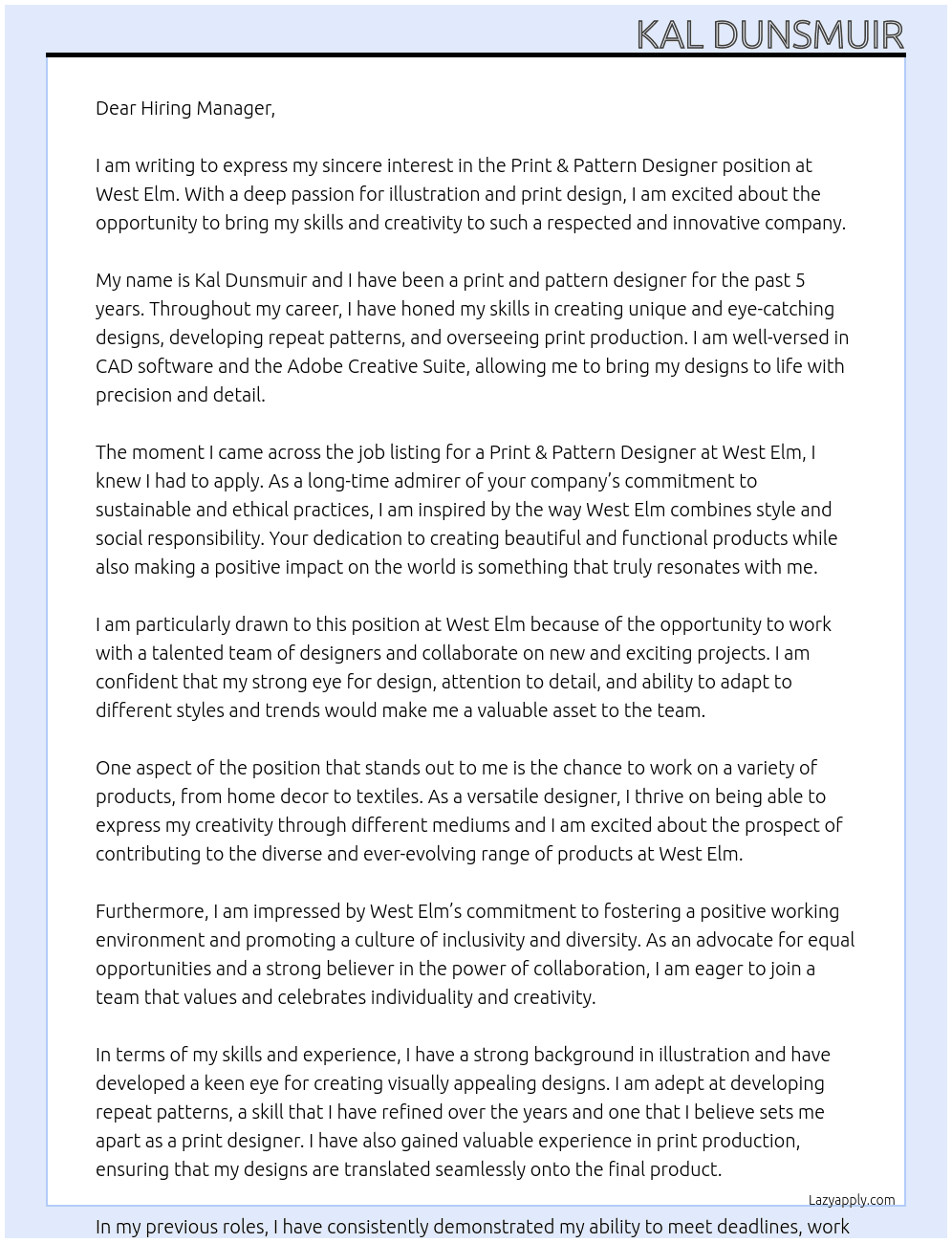 Print & Pattern Designer At West Elm Cover Letter