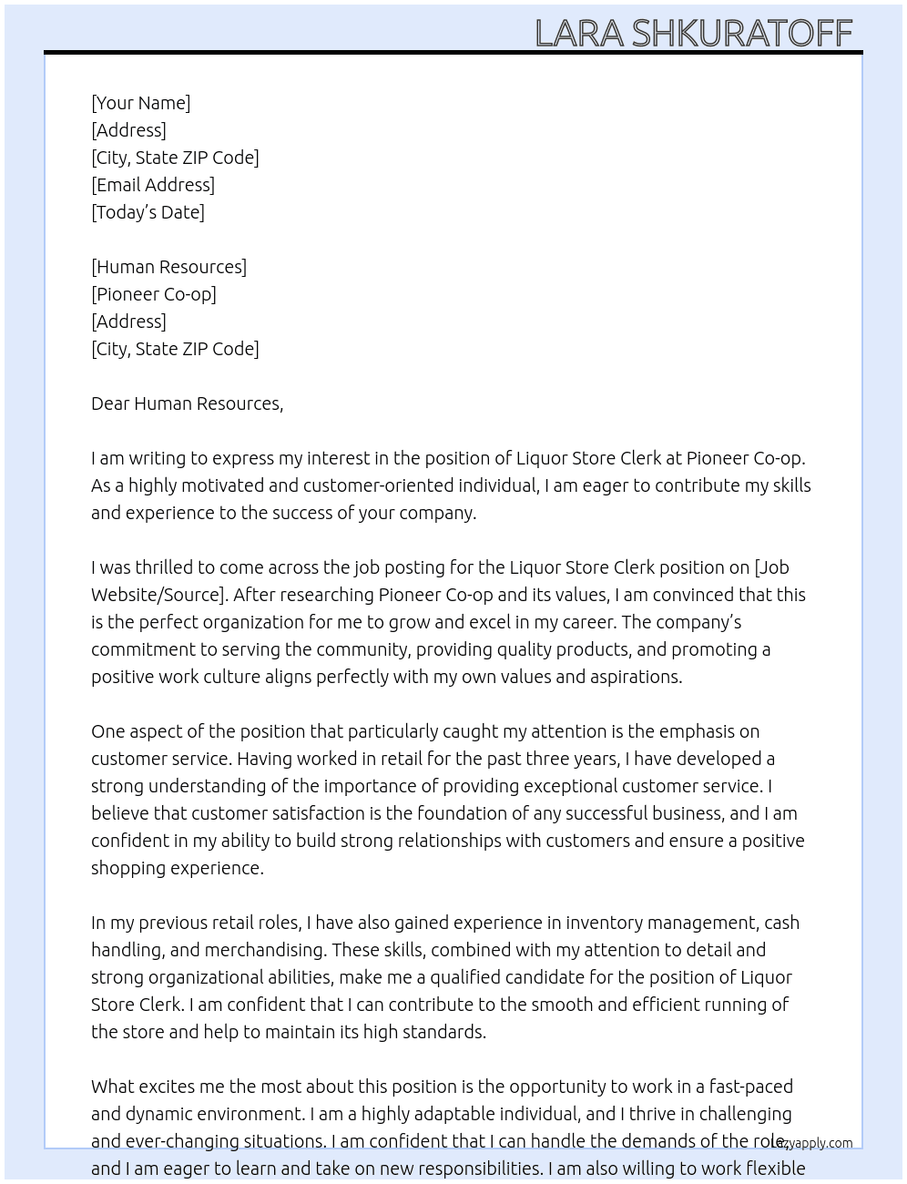Liquor Store Clerk At Pioneer Co-op Cover Letter