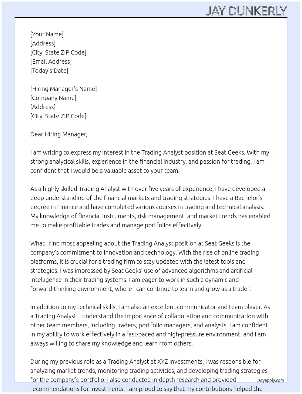 Trading Analyst At Seat Geeks Cover Letter