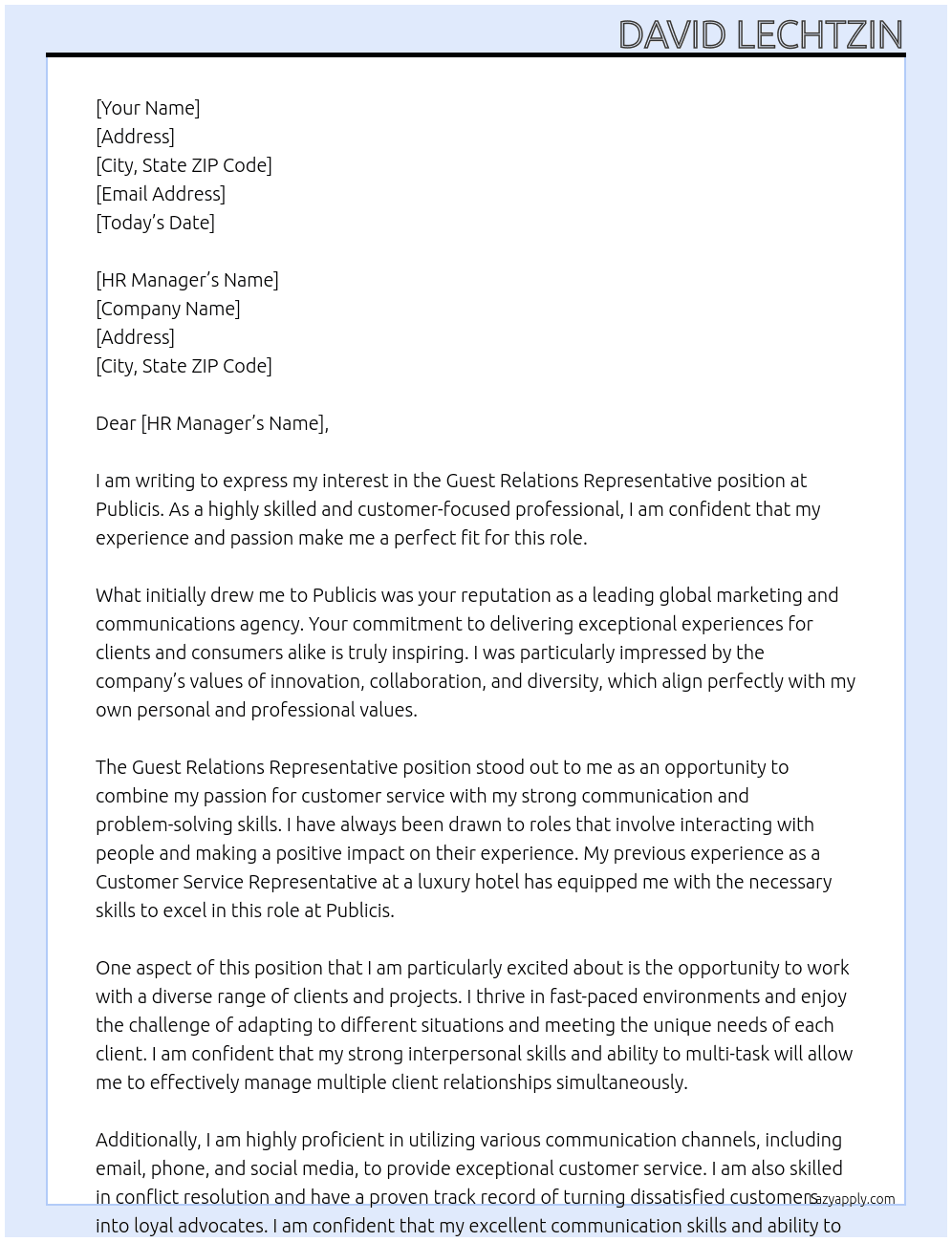 Guest Relations Representative At Publicis Cover Letter
