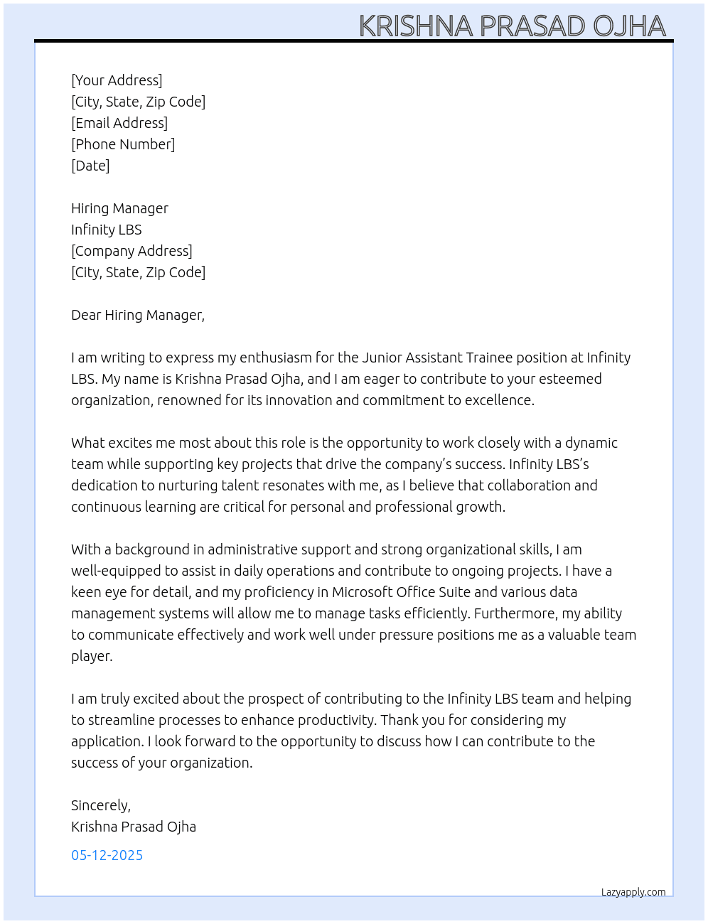 Junior assistant trainee At Infinity lbs Cover Letter