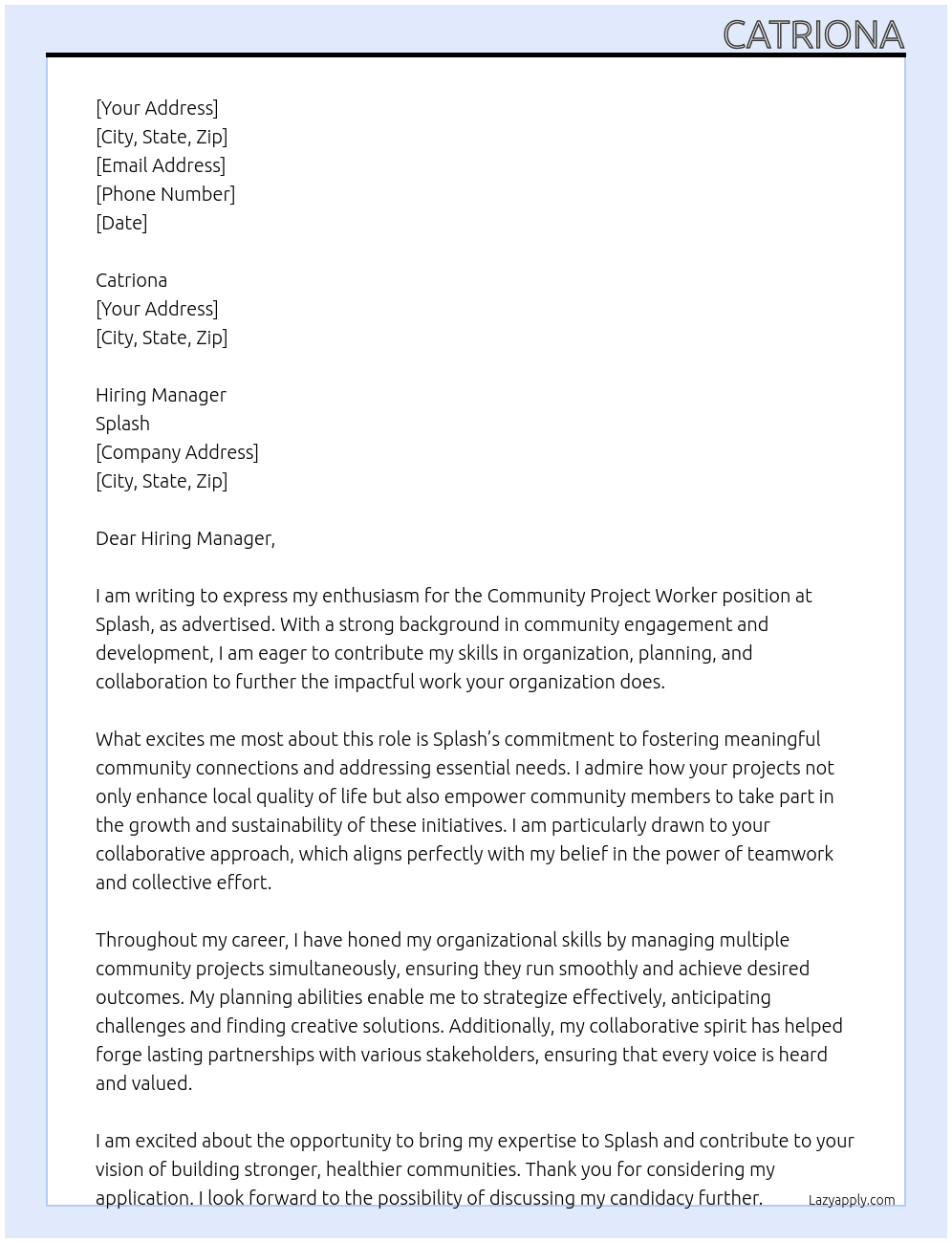 Cover letter for community project worker - LazyApply