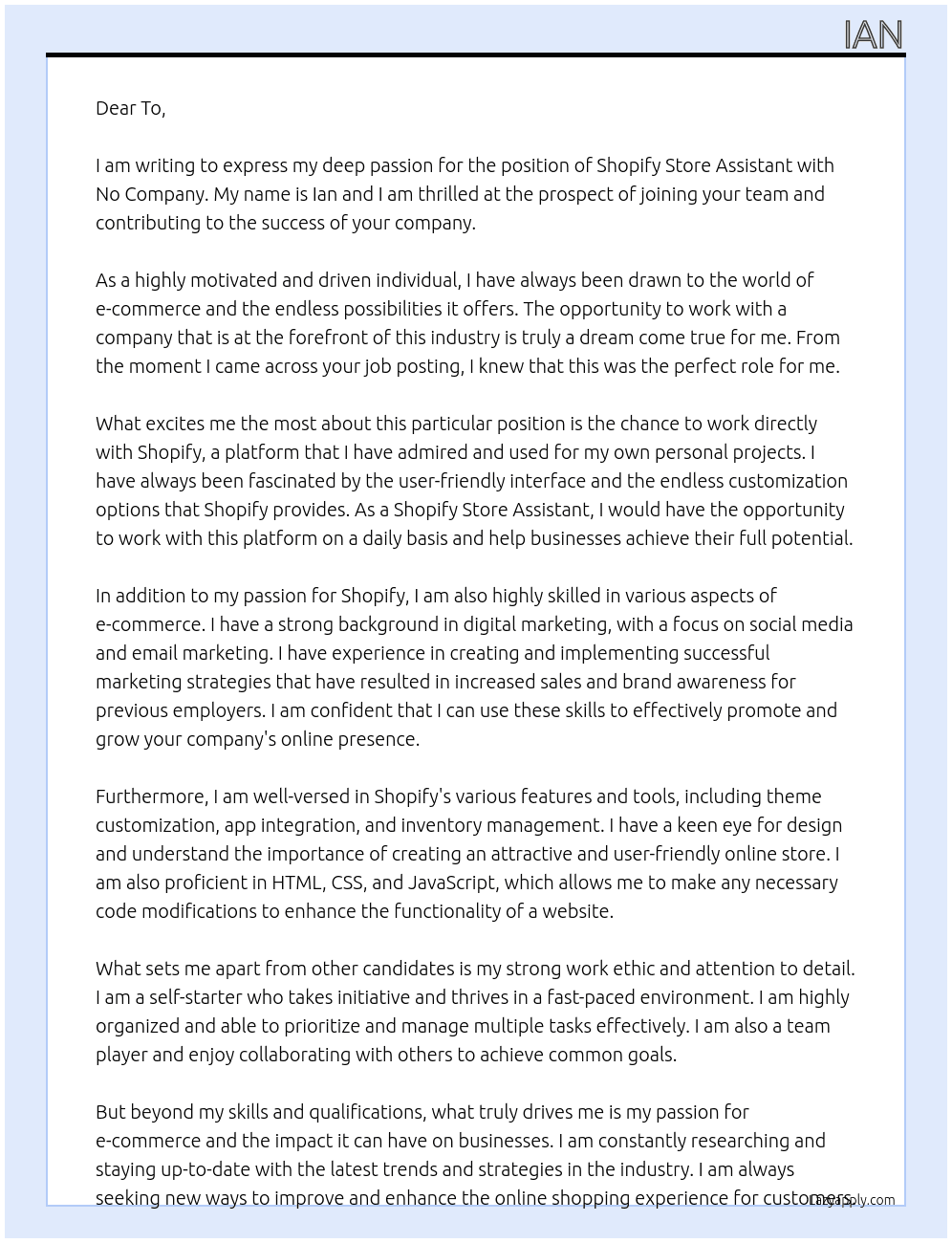 Shopify Store Assistant At No Company Cover Letter