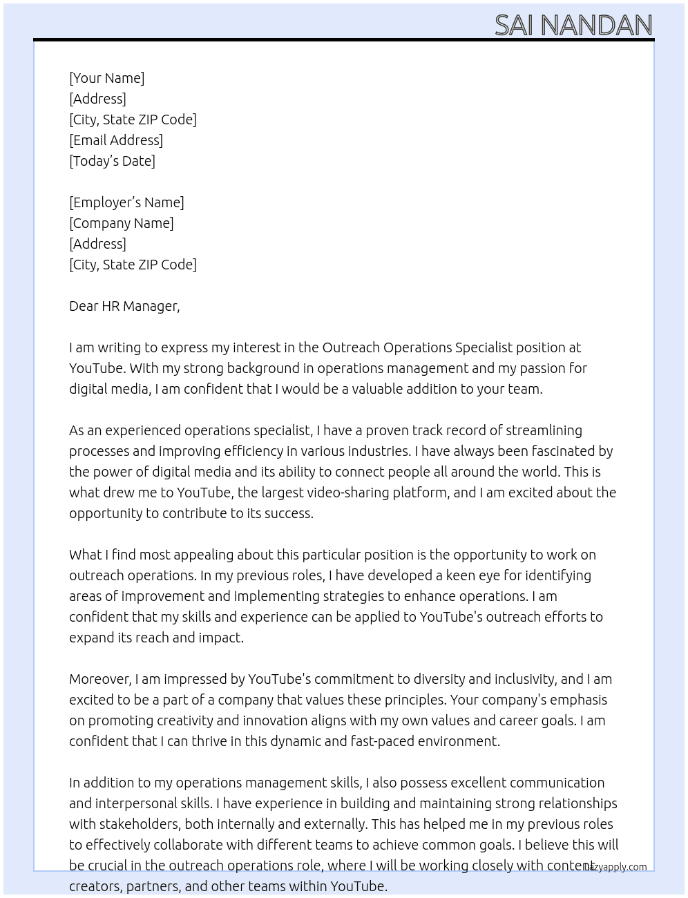 Outreach Operations Specialist, YouTube At Youtube Cover Letter