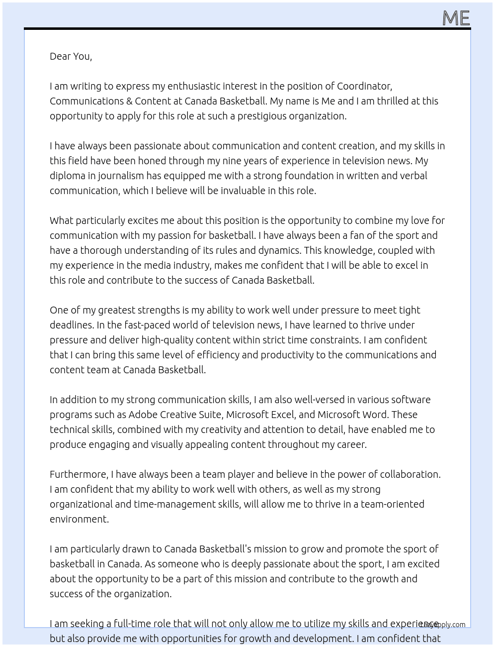 COORDINATOR, COMMUNICATIONS & CONTENT  At Canada Basketball Cover Letter