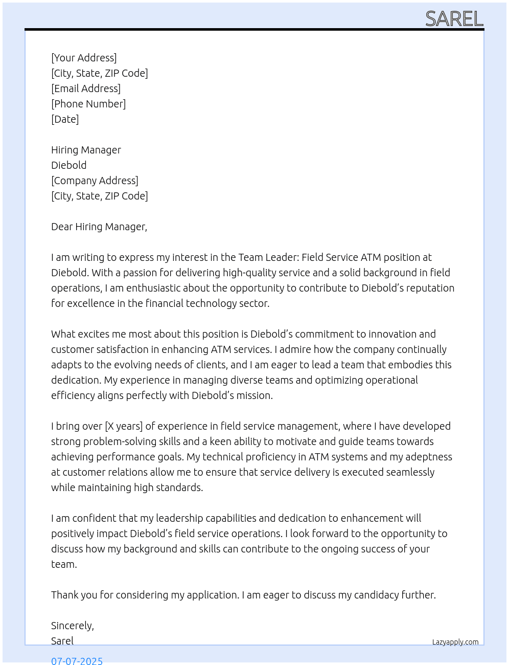 Team Leader: Field Service ATM At Diebold Cover Letter
