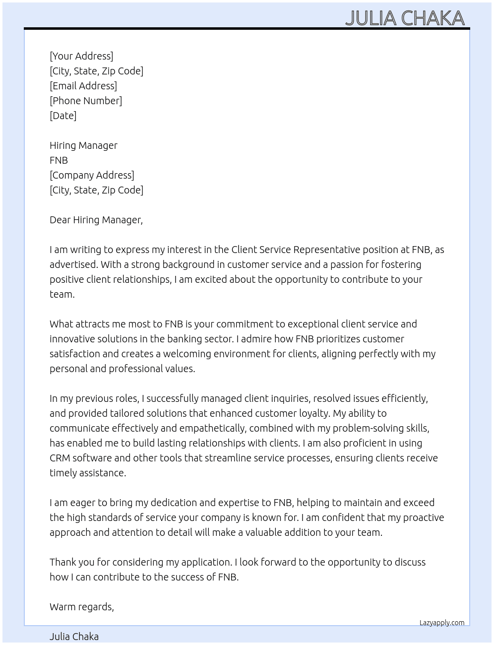 Client service representative  At FNB Cover Letter